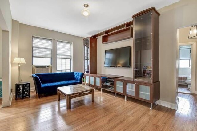 living room with cooling unit and light hardwood / wood-style flooring