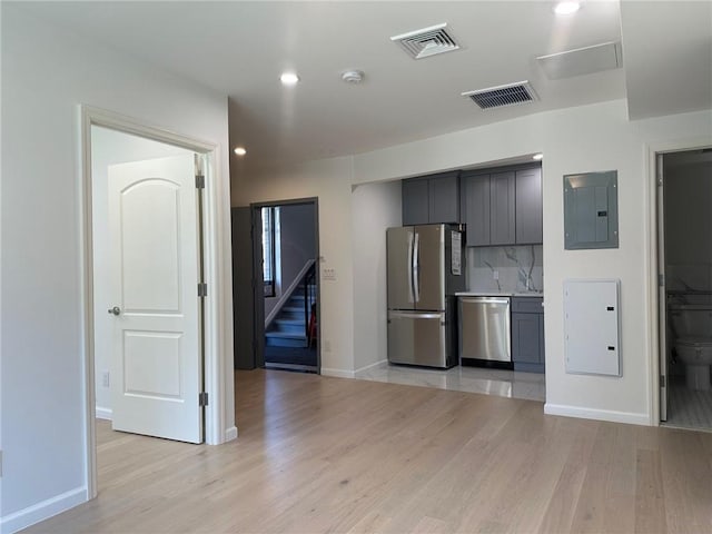 207 Bay 35th St Unit 1A, Brooklyn, NY 11214 - kitchen with appliances with stainless steel finishes, electric panel, light wood-style flooring, tasteful backsplash, and recessed lighting