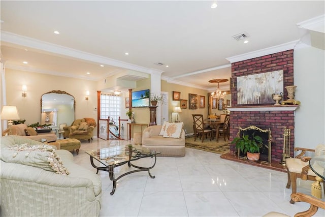 tiled living room with a brick fireplace, a notable chandelier, and ornamental molding