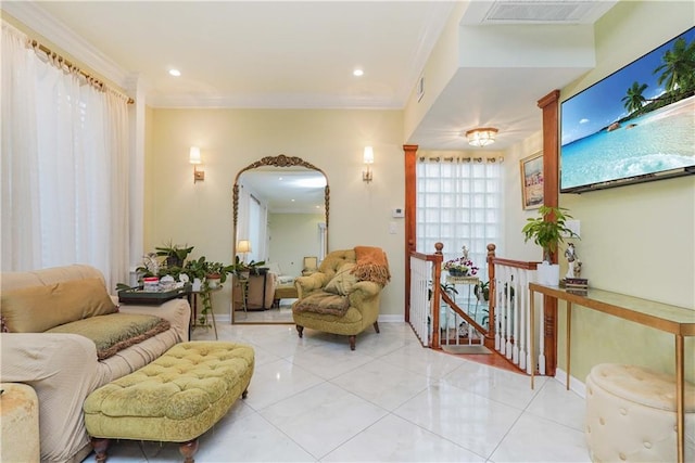 interior space featuring crown molding and light tile patterned floors