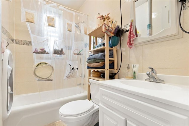 full bathroom featuring vanity, toilet, and shower / bathtub combination with curtain