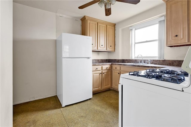 kitchen featuring sink, white appliances, ceiling fan, and light brown cabinets