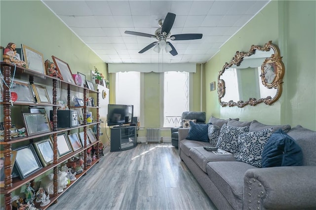 living room with ceiling fan, wood-type flooring, and radiator heating unit