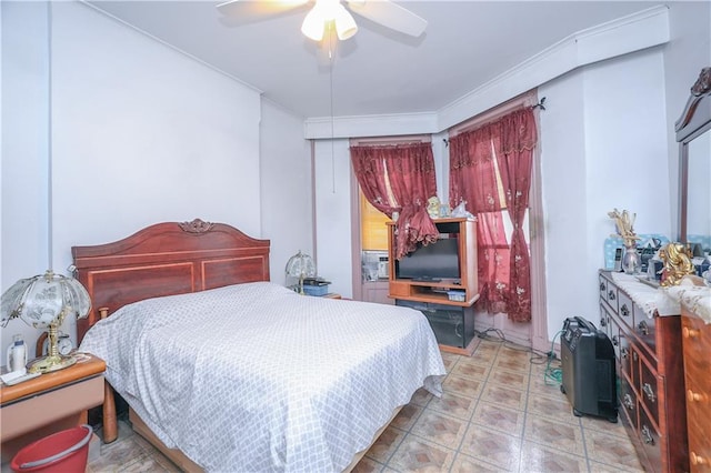 bedroom with light tile patterned floors and ceiling fan