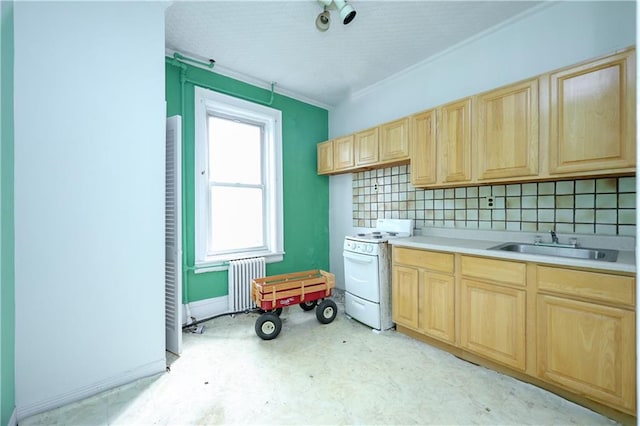 kitchen with radiator heating unit, sink, white electric range oven, and decorative backsplash