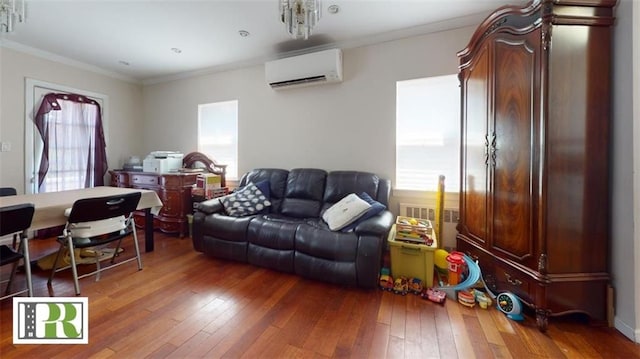 1046 E 32nd St, Brooklyn, NY 11210 - living room with a wall mounted AC, plenty of natural light, hardwood / wood-style flooring, and ornamental molding
