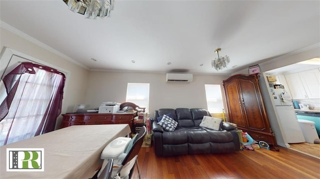 1046 E 32nd St, Brooklyn, NY 11210 - dining room featuring a wall mounted AC, wood finished floors, and crown molding