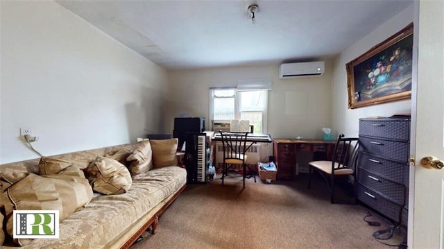 interior space with radiator, carpet, and a wall mounted air conditioner