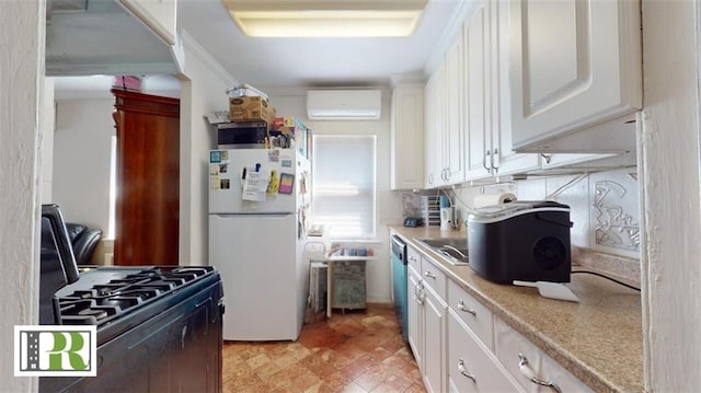 1046 E 32nd St, Brooklyn, NY 11210 - kitchen featuring freestanding refrigerator, a wall mounted AC, black range with gas cooktop, light countertops, and white cabinets