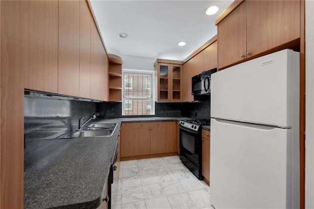 kitchen with marble finish floor, a sink, open shelves, black appliances, and dark countertops