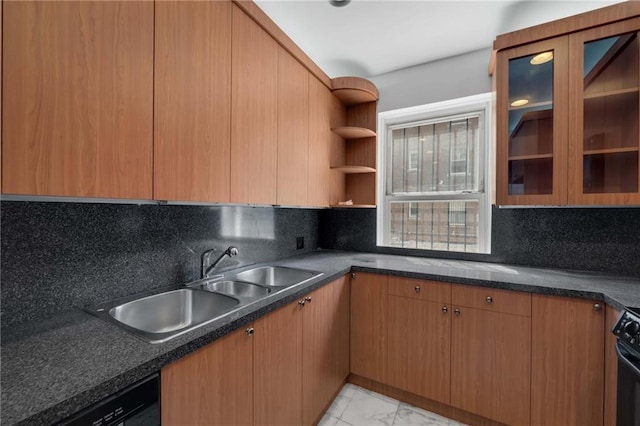 kitchen featuring a sink, marble finish floor, open shelves, black appliances, and backsplash
