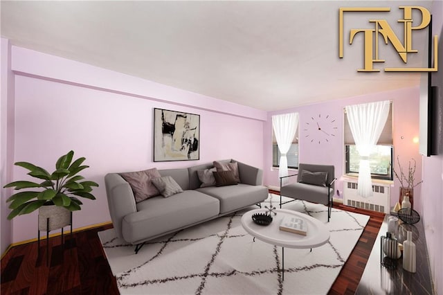 living room featuring radiator and hardwood / wood-style floors