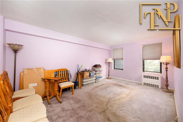 living area with light colored carpet and radiator