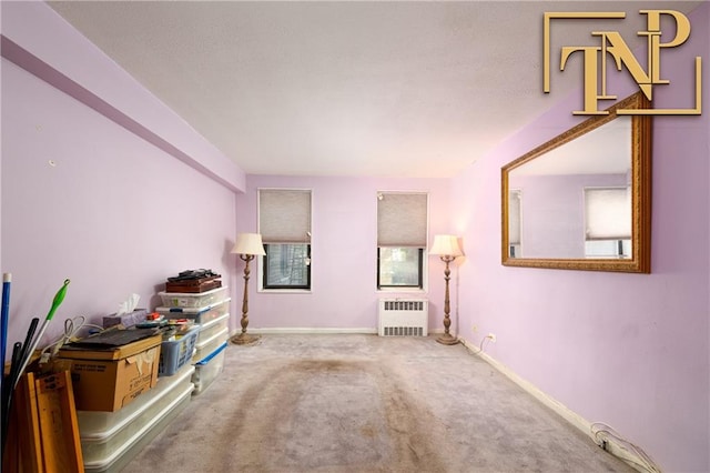 living room with radiator heating unit and carpet flooring