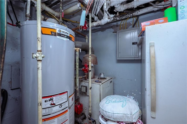 utility room featuring gas water heater and electric panel