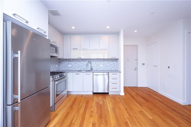 kitchen with sink, decorative backsplash, light wood-type flooring, white cabinetry, and stainless steel appliances