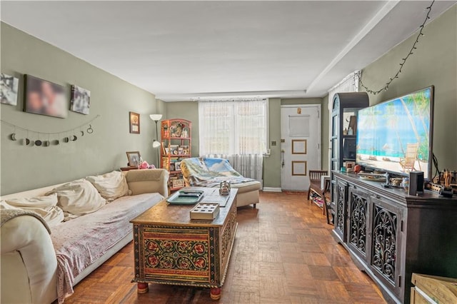 living room with parquet floors