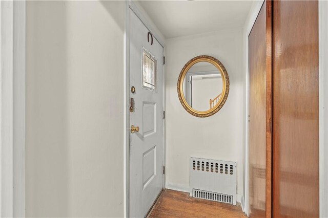 doorway to outside featuring light hardwood / wood-style floors and radiator heating unit