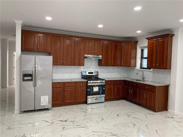 kitchen with sink, light tile patterned flooring, backsplash, and stainless steel appliances