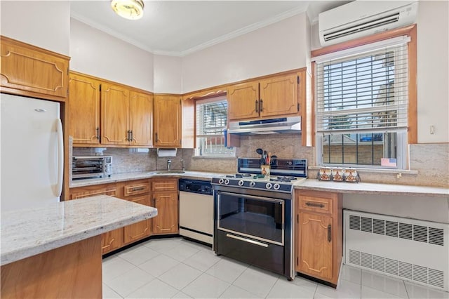 kitchen featuring tasteful backsplash, a wall mounted air conditioner, white appliances, and ornamental molding