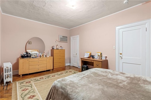 7913 20th Ave, Brooklyn, NY 11214 - bedroom with crown molding, a textured ceiling, a wall mounted air conditioner, and baseboards