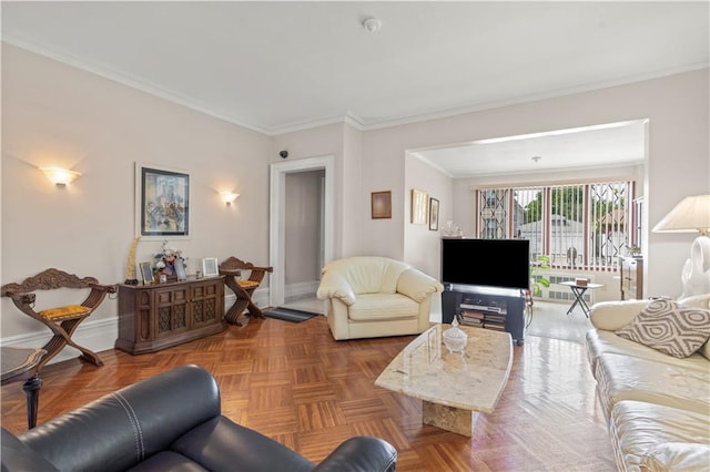 living room with crown molding and parquet flooring