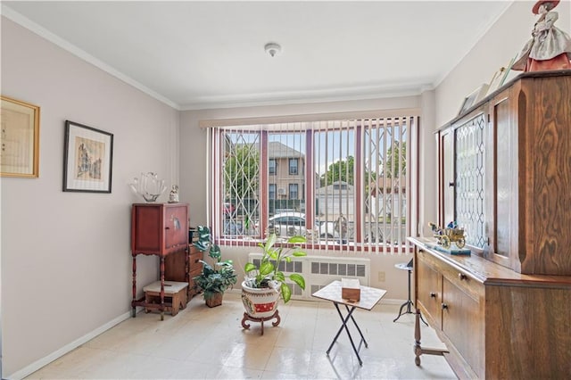 7913 20th Ave, Brooklyn, NY 11214 - sitting room featuring radiator heating unit, baseboards, and crown molding