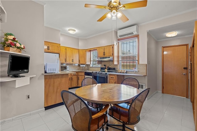 7913 20th Ave, Brooklyn, NY 11214 - kitchen featuring a wall mounted air conditioner, stainless steel range oven, backsplash, under cabinet range hood, and ceiling fan