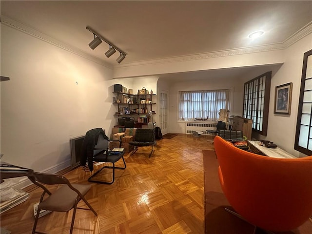 living area featuring rail lighting, radiator, and light parquet floors