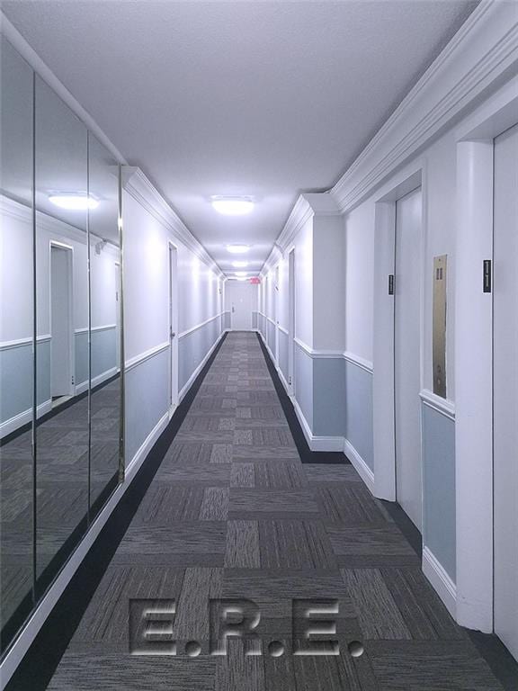 corridor with dark carpet, elevator, and ornamental molding