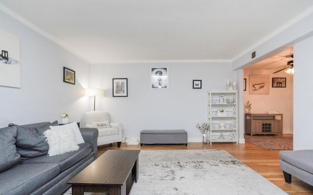 living room featuring hardwood / wood-style flooring and ceiling fan