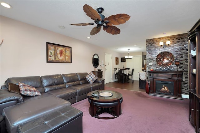 26 Oliver St Unit 2A, Brooklyn, NY 11209 - living room featuring a ceiling fan, carpet flooring, a fireplace, and recessed lighting