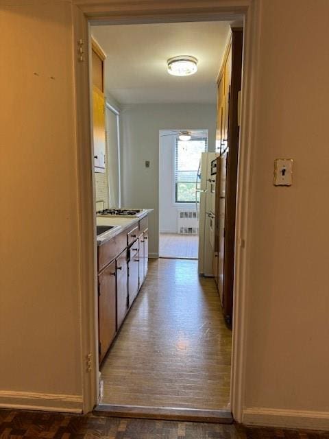 hall with parquet flooring and radiator