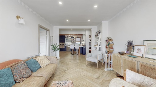 living room featuring crown molding and parquet flooring