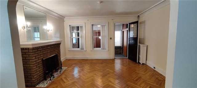 unfurnished living room featuring a fireplace, parquet floors, crown molding, and radiator