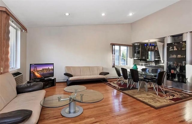 living room featuring wood-type flooring and a baseboard radiator