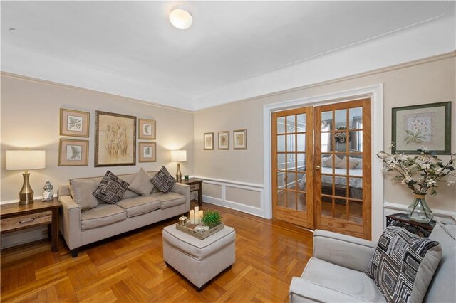 living room with parquet floors