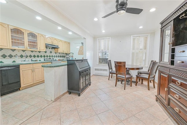 kitchen with crown molding, radiator, dishwasher, ceiling fan, and decorative backsplash