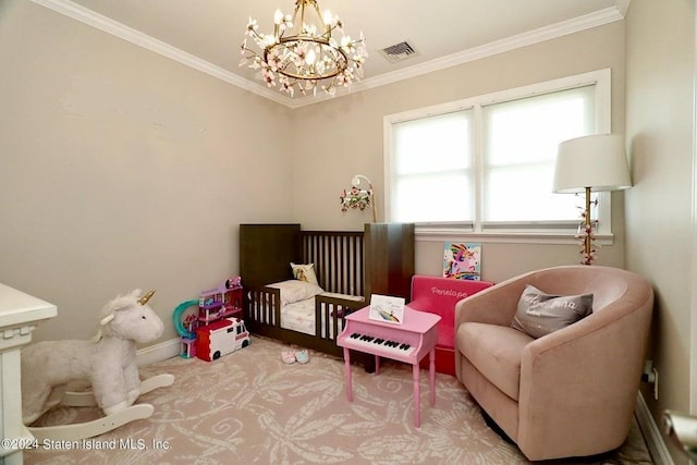 carpeted bedroom with ornamental molding, a notable chandelier, and visible vents