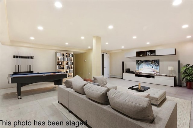 living room featuring light tile patterned floors, pool table, and recessed lighting