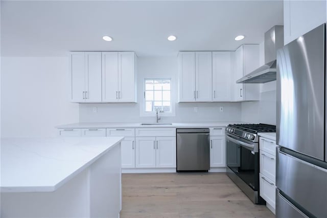 kitchen featuring white cabinetry, light hardwood / wood-style floors, stainless steel appliances, and sink