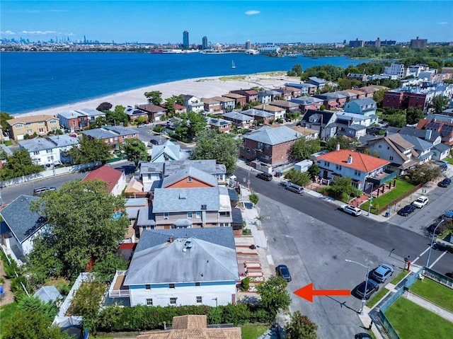 aerial view featuring a water view