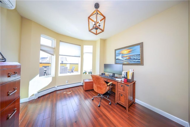 office space featuring a baseboard radiator, dark hardwood / wood-style floors, and a chandelier