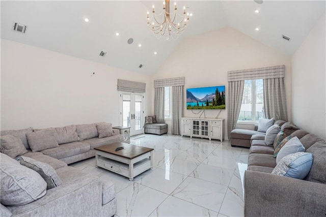 living area featuring recessed lighting, visible vents, marble finish floor, and high vaulted ceiling