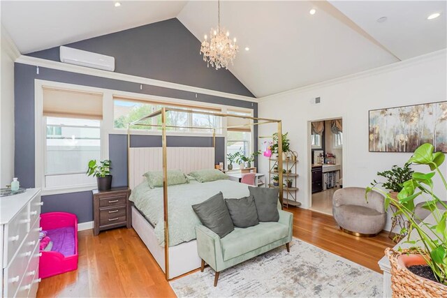 bedroom featuring light wood-type flooring, an AC wall unit, ornamental molding, and an inviting chandelier