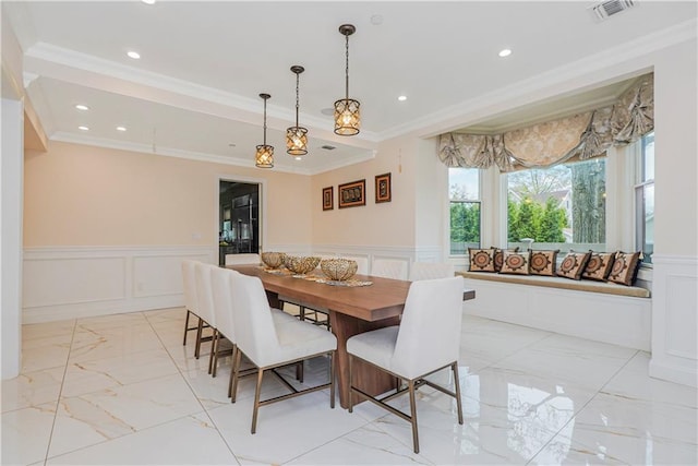 dining area featuring visible vents, a wainscoted wall, marble finish floor, recessed lighting, and crown molding