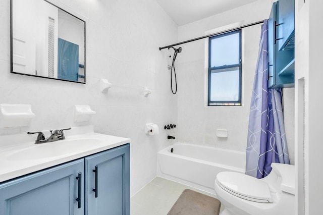 full bathroom with shower / tub combo with curtain, toilet, tasteful backsplash, tile walls, and vanity