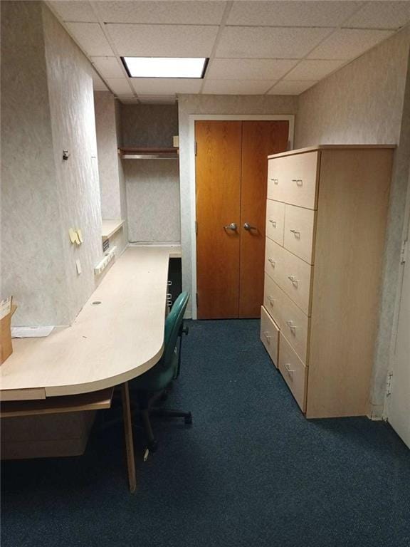 unfurnished office with carpet flooring and a paneled ceiling