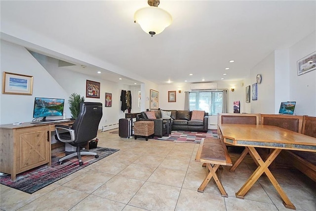 dining room featuring recessed lighting, baseboard heating, an AC wall unit, and light tile patterned flooring