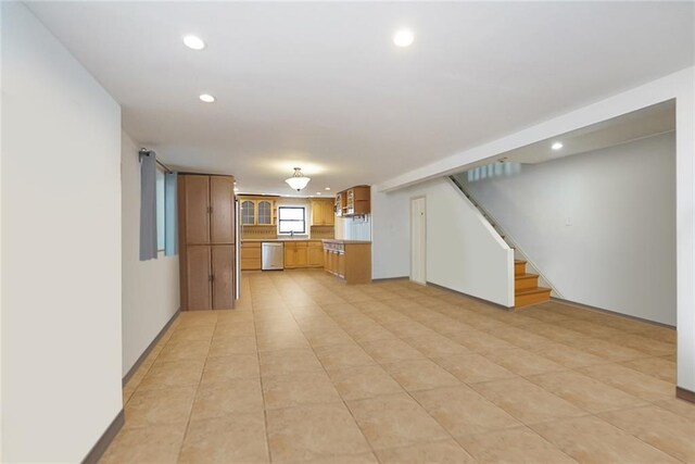 interior space featuring recessed lighting, stairway, and light tile patterned floors